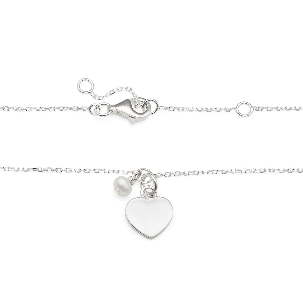 Sterling Silver Hanging Heart & Pearl Charm Cable Chain Brac