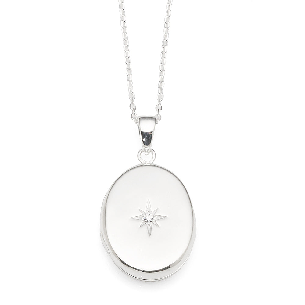 Sterling Silver Cubic Zirconia Set Star Oval Locket