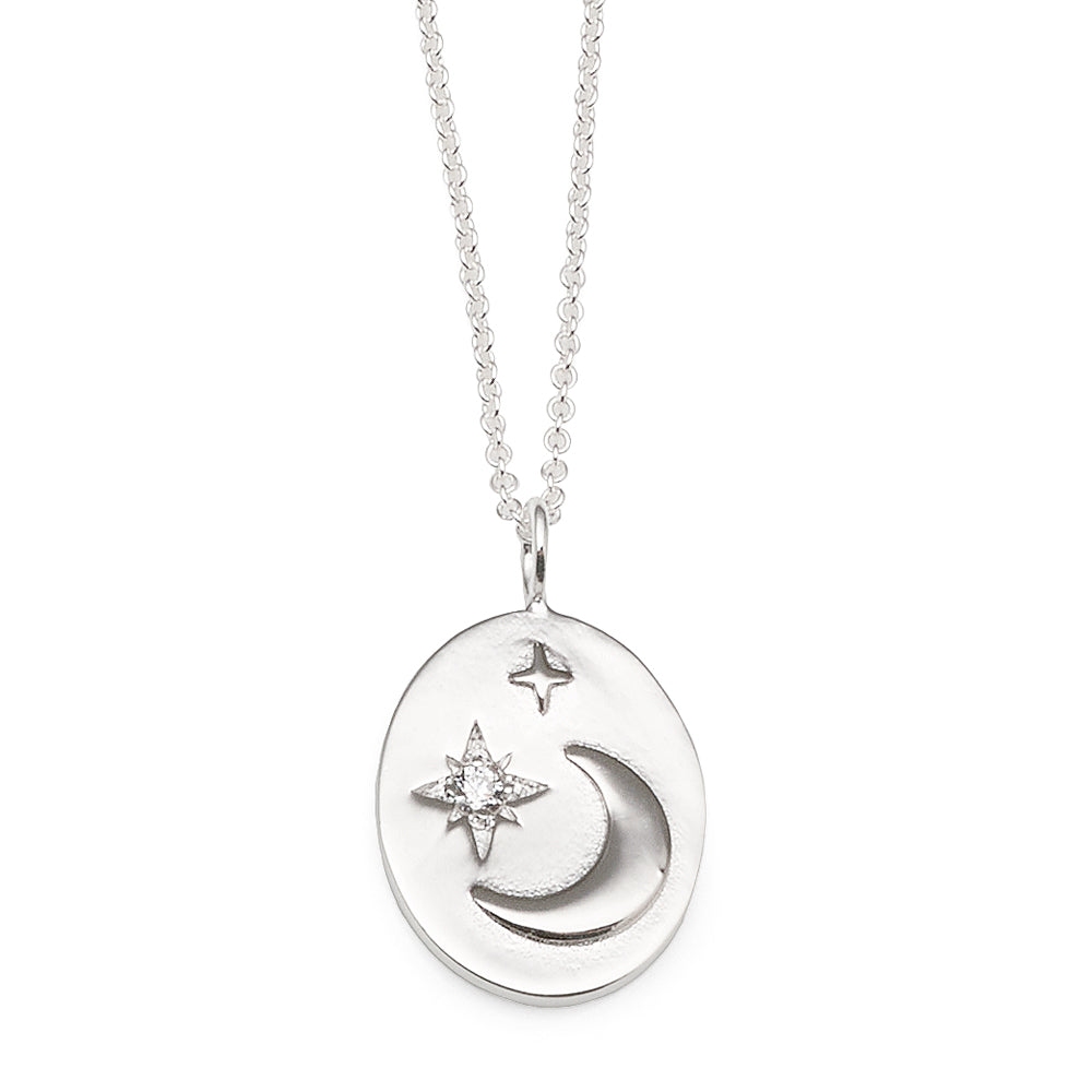 Sterling Silver Moon & Star Oval Pendant on 40cm Cable Chain