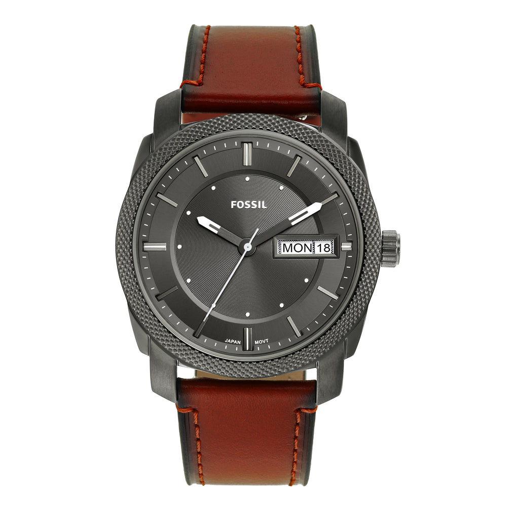 Fossil 'Machine' Smoke Stainless Steel Brown Leather Watch F