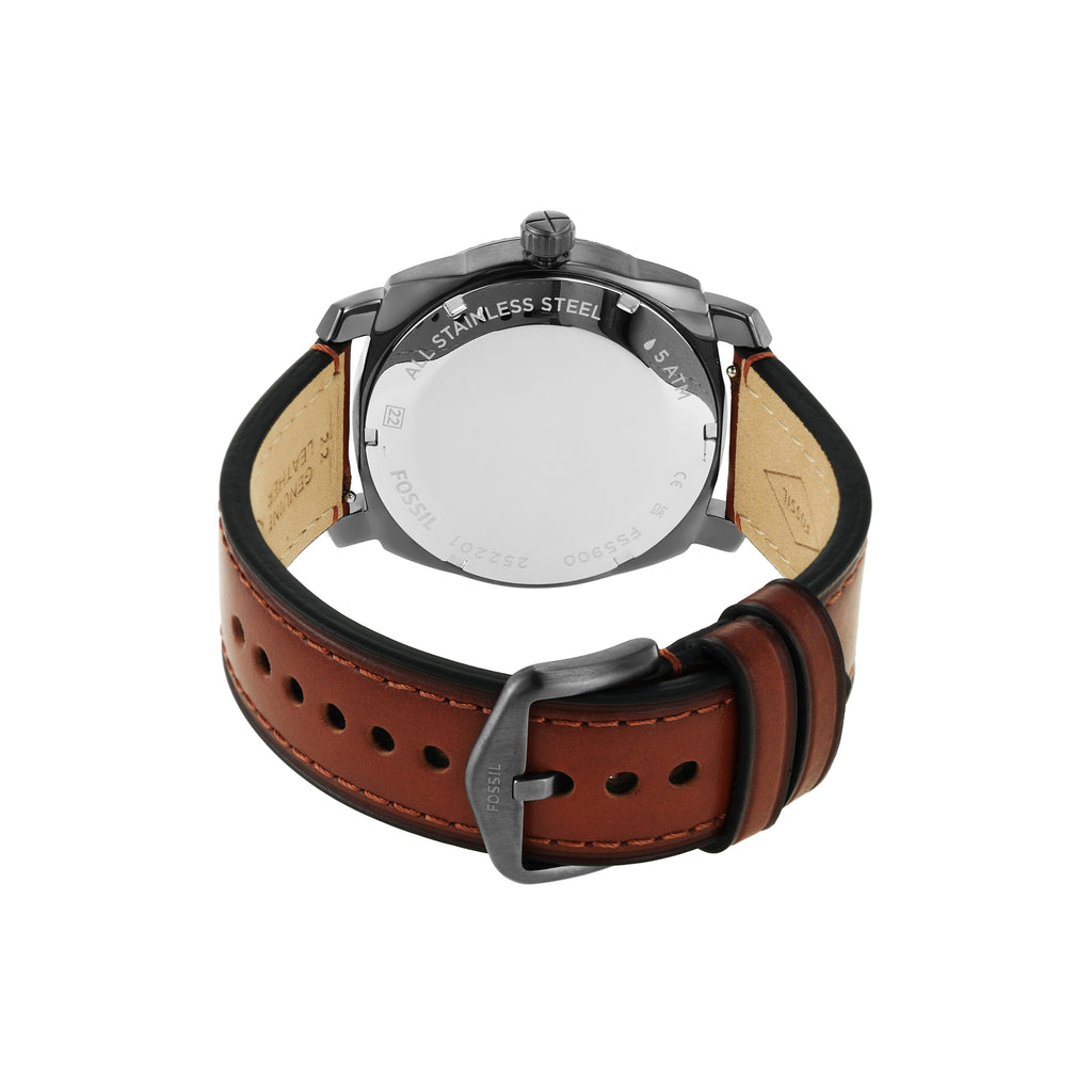 Fossil 'Machine' Smoke Stainless Steel Brown Leather Watch F