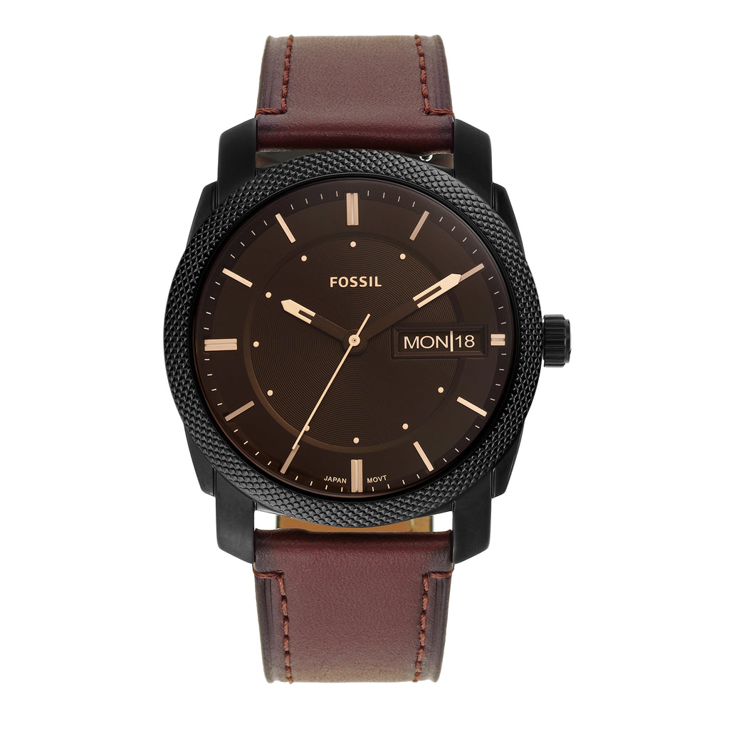 Fossil 'Machine' Black Stainless Steel Brown Leather Watch F
