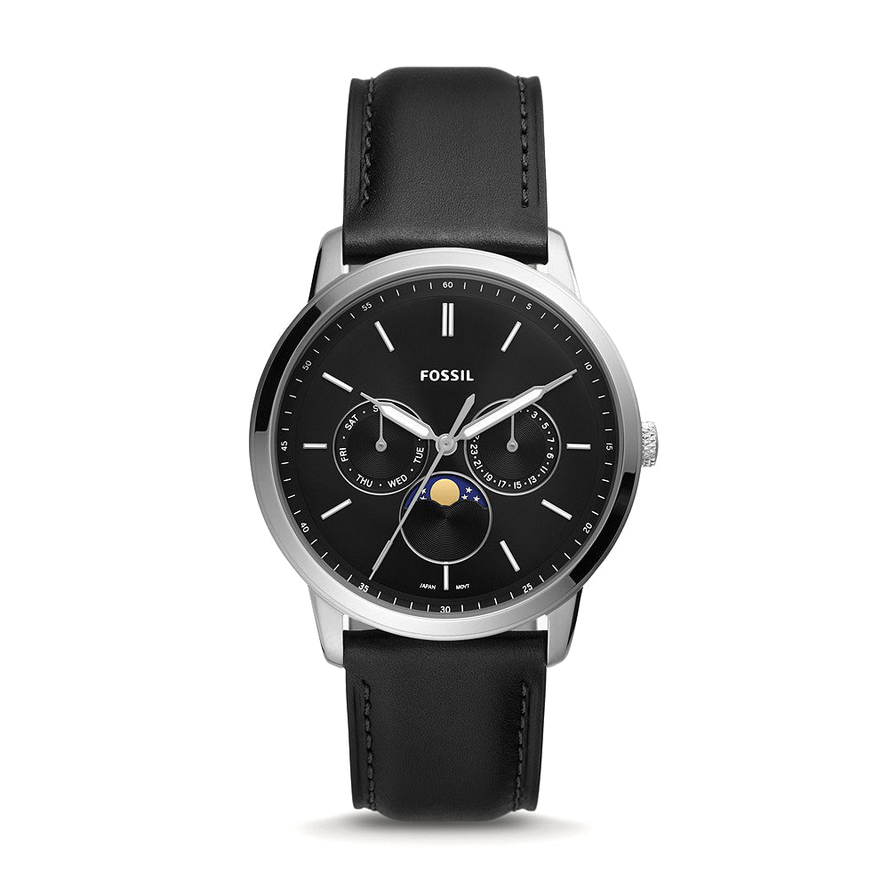 Fossil 'Neutra' Moonphase Multifunction Black Leather Watch