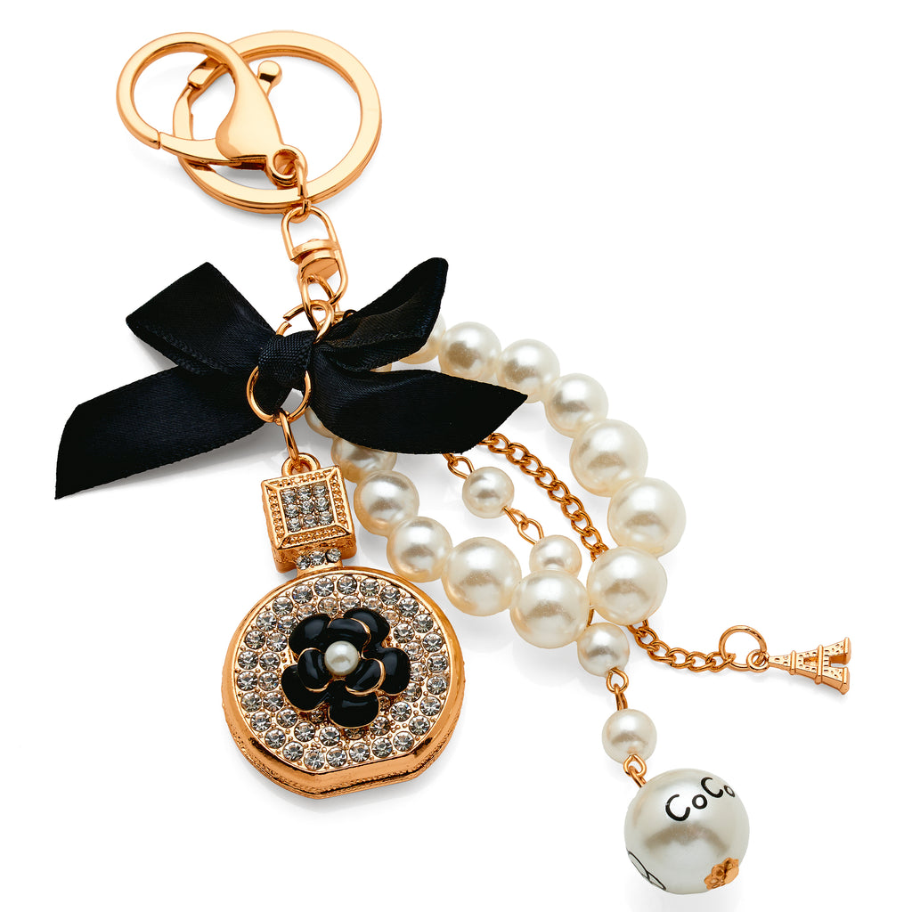 Gold Tone Crystal Perfume Bottle With Pearls & Black Bow Key