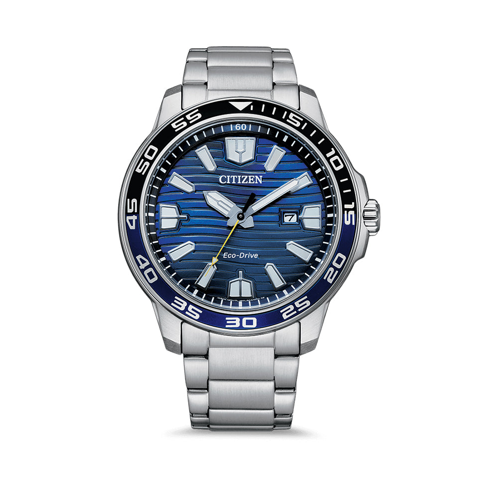 Citizen  Eco-Drive Blue Wave Dial Stainless Steel Watch AW15