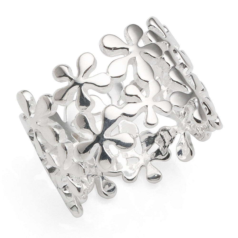 Sterling Silver Flower Pattern 14mm Wide Ring