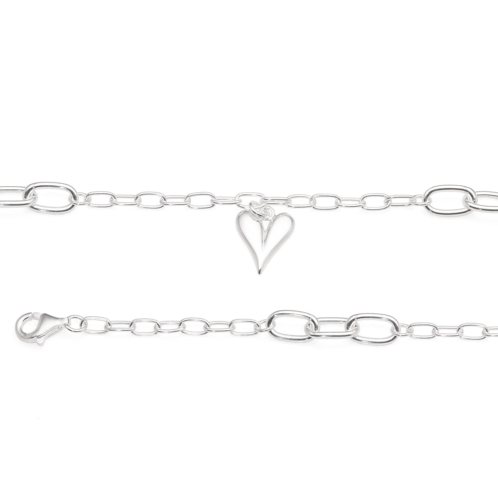 Sterling Silver Cable Link Bracelet With 10mm Hanging Heart