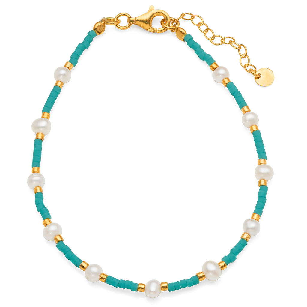 Turquoise, Freshwater Pearl & Gold Tone Bead Bracelet