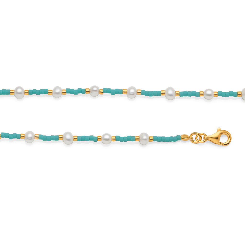Turquoise, Freshwater Pearl & Gold Tone Bead Bracelet