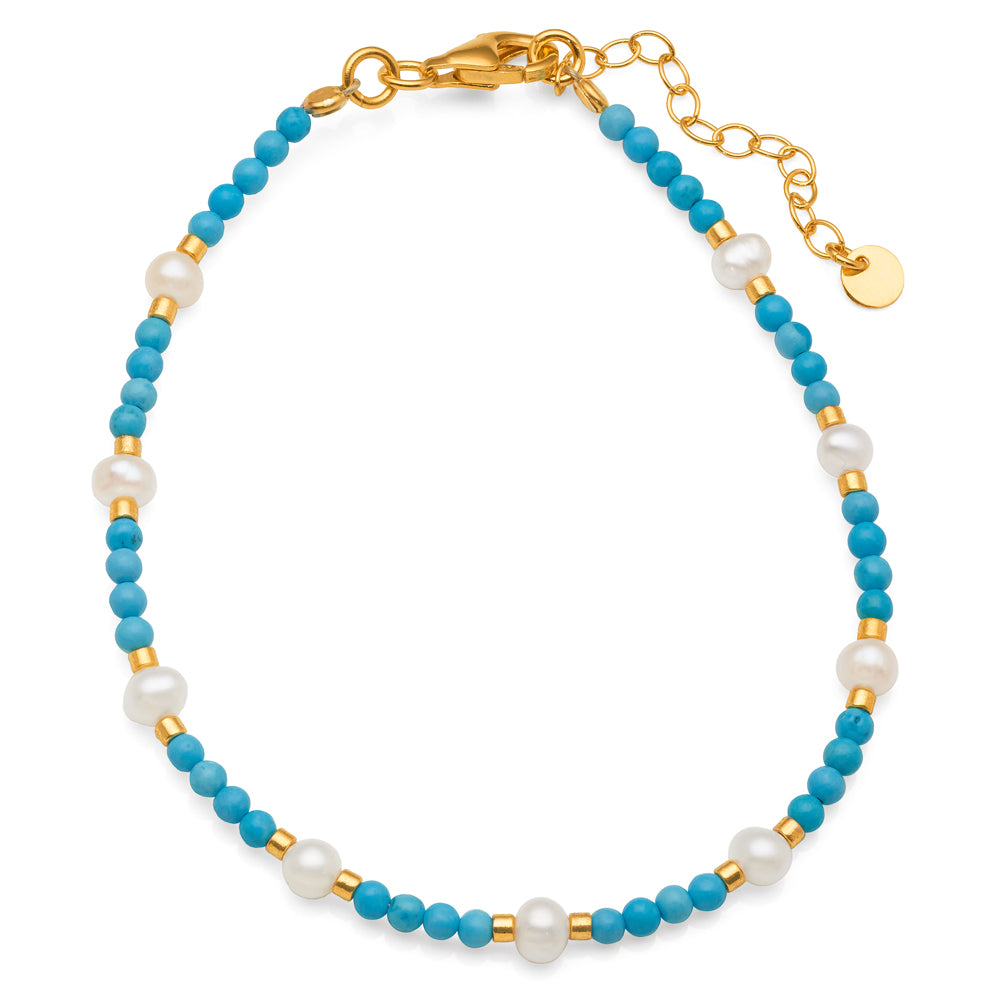 Aqua Bead, Freshwater Pearl & Gold Tone Bracelet