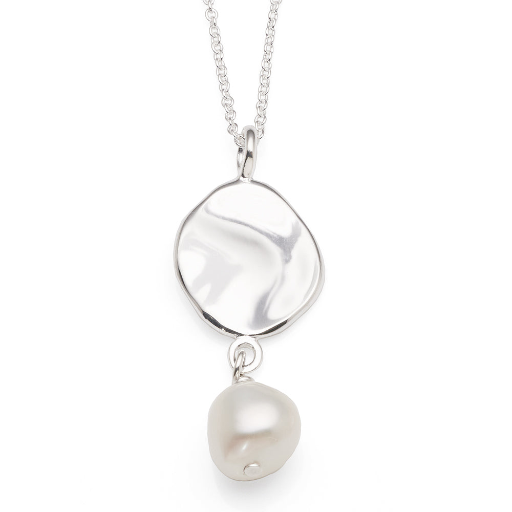 Sterling Silver Hammered Disc & Pearl Pendant On 40cm Cable