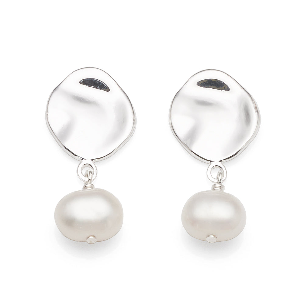 Sterling Silver Hammered Disc & Hanging Pearl Stud Earrings