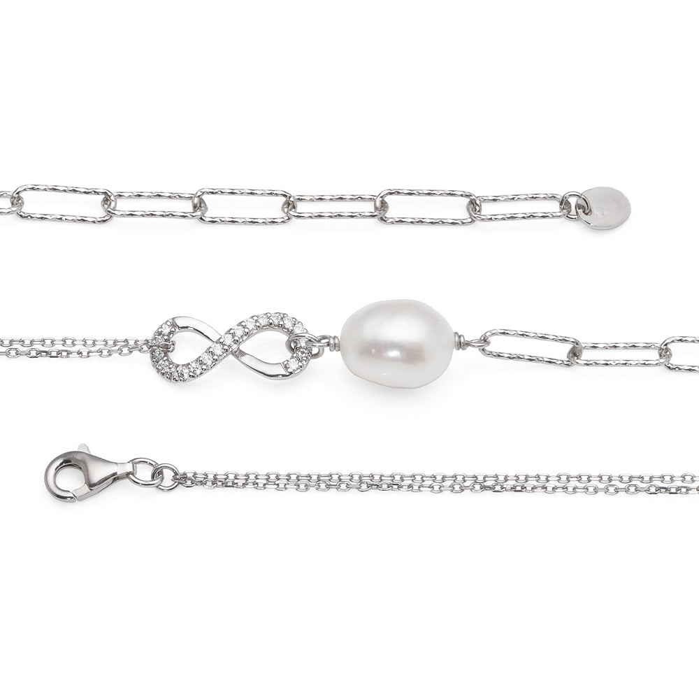 Sterling Silver Pearl & Cubic Zirconia Infnity Symbol Bracel