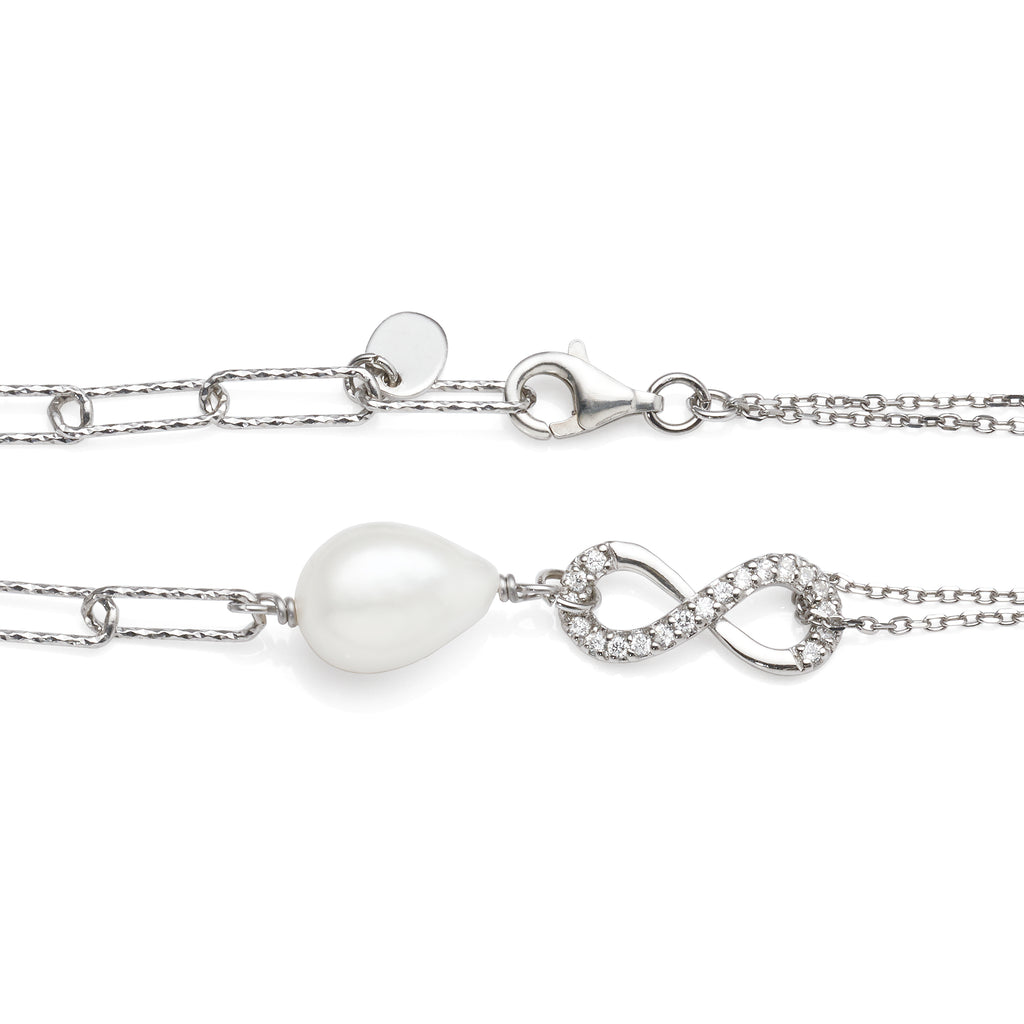 Sterling Silver Pearl & Cubic Zirconia Infnity Symbol Bracel