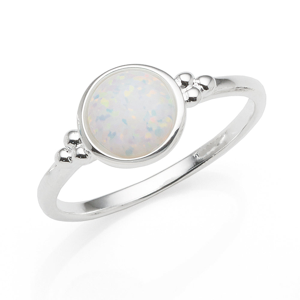 Sterling Silver Round Created White Opal Ring