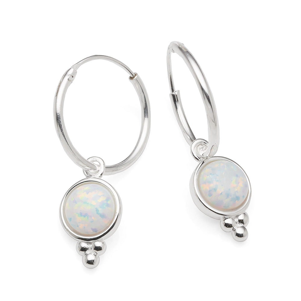 Sterling Silver Created White Opal Hanging Dome 12mm Hoops