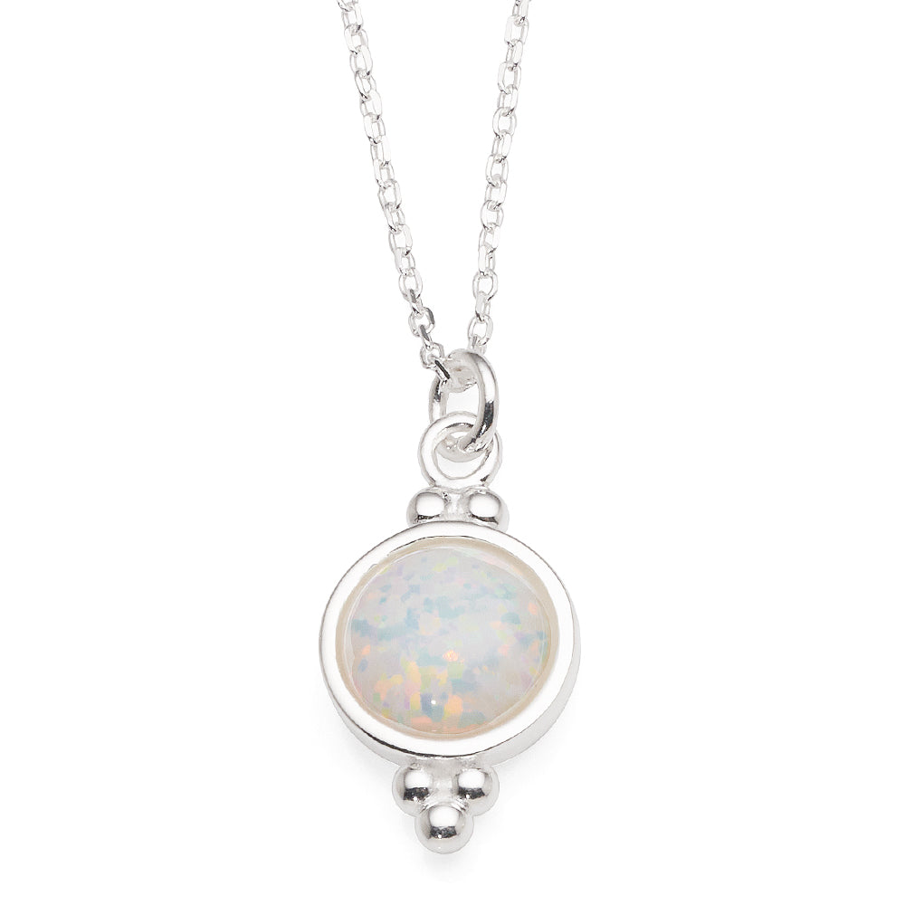 Sterling Silver Created White Opal Dome Pendant On 40cm Cabl