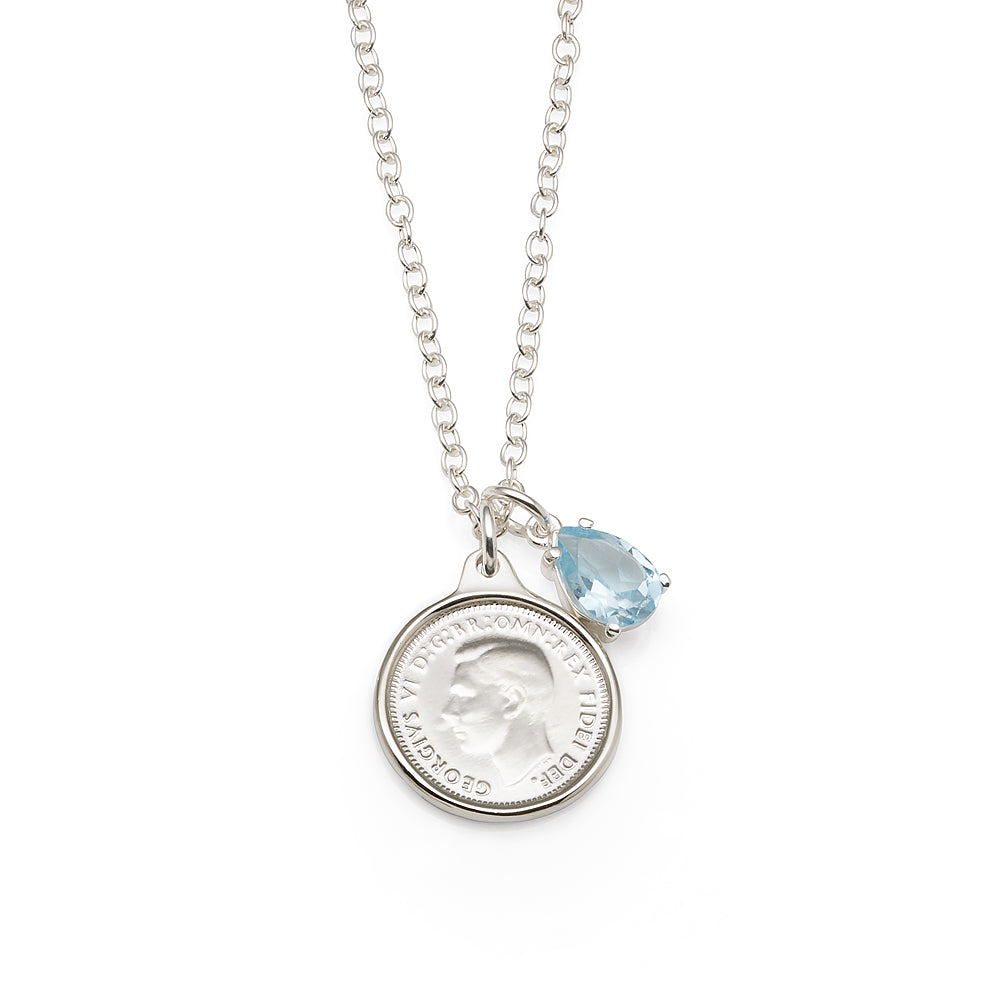 Von Treskow Sterling Silver Threepence & Blue Topaz Pendant