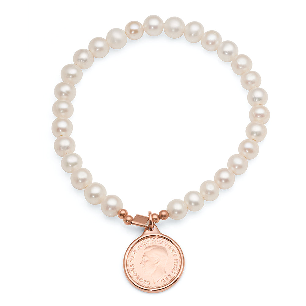 Von Treskow Pearl Stretch Bracelet With Rose Threepence Coin