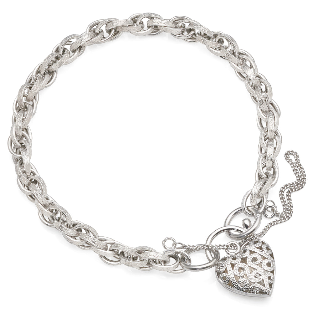 9ct White Gold Oval Link Heart Filigree Padlock Bracelet