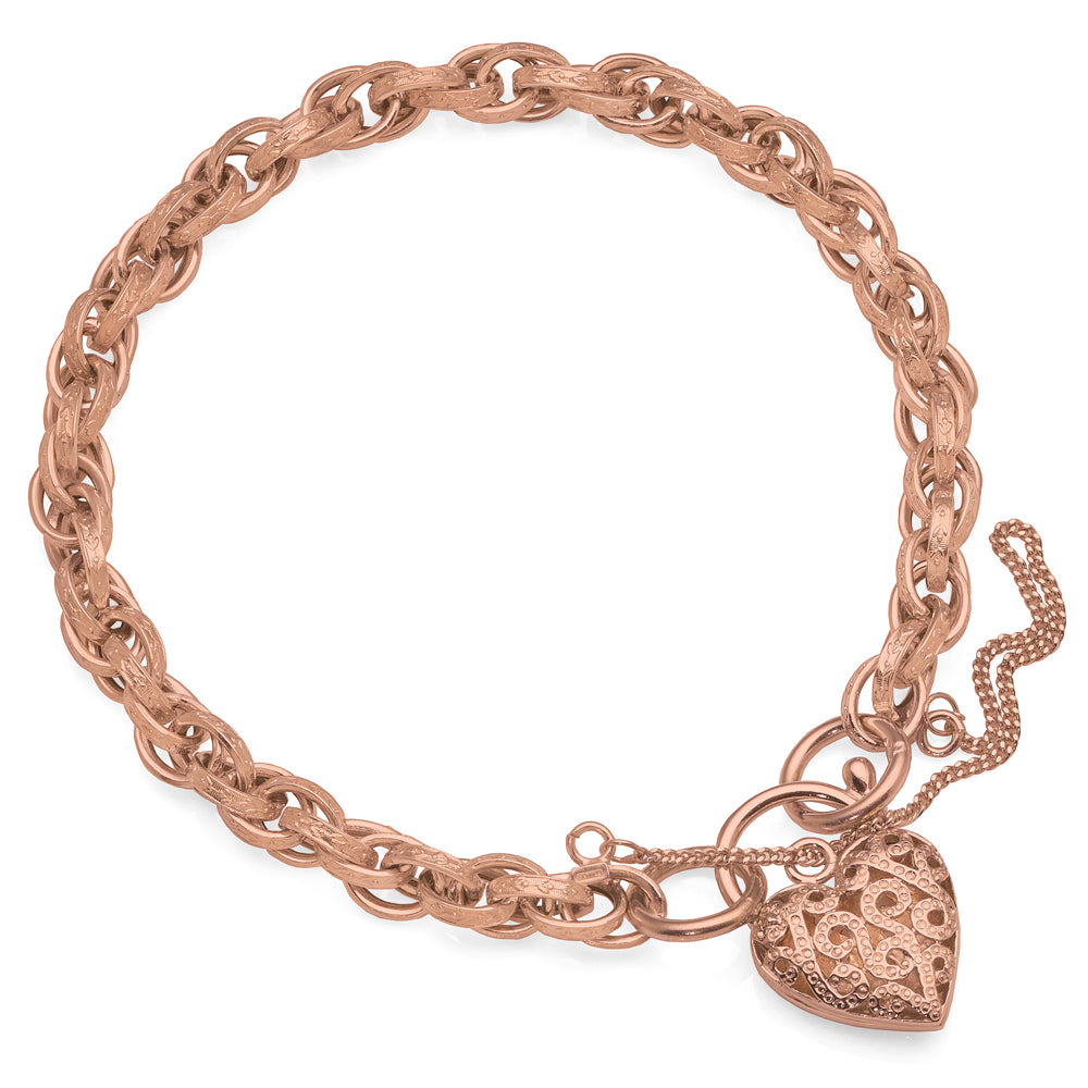 9ct Rose Gold Oval Link Heart Filigree Padlock Bracelet