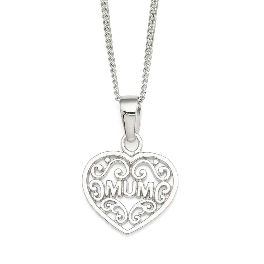 Sterling Silver 15x13mm Filigree Heart MUM Pendant