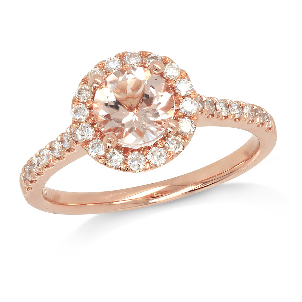 18ct Rose Gold Round Morganite & Diamond Halo Ring TDW: 0.30