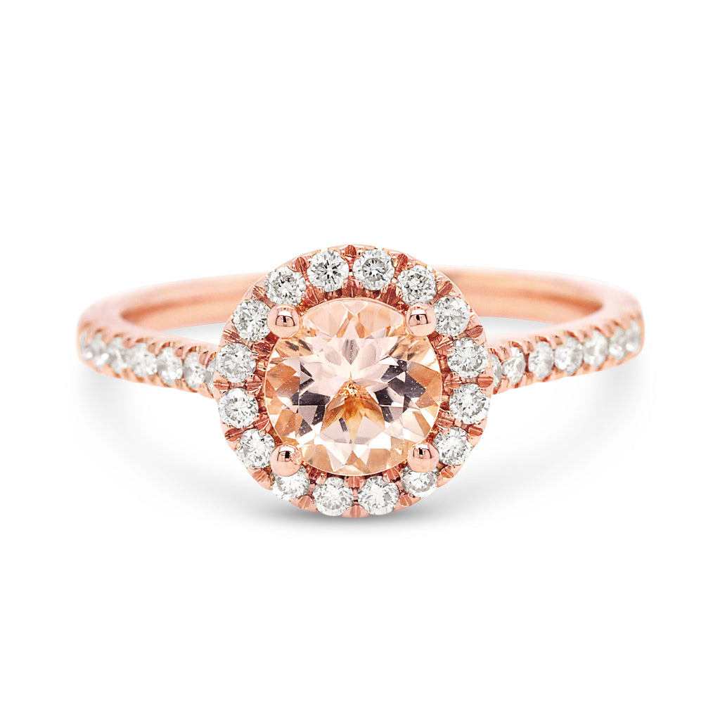 18ct Rose Gold Round Morganite & Diamond Halo Ring TDW: 0.30