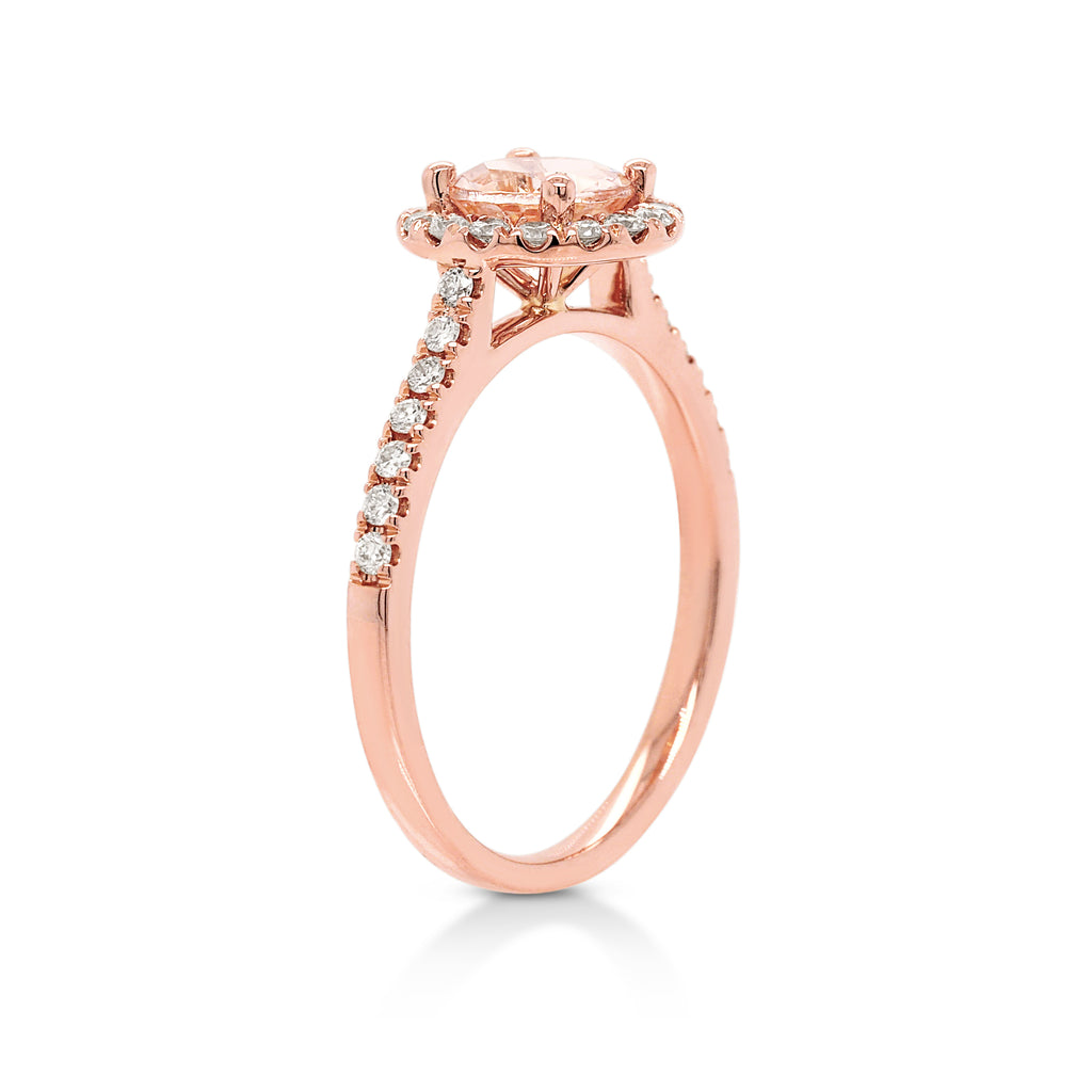 18ct Rose Gold Round Morganite & Diamond Halo Ring TDW: 0.30