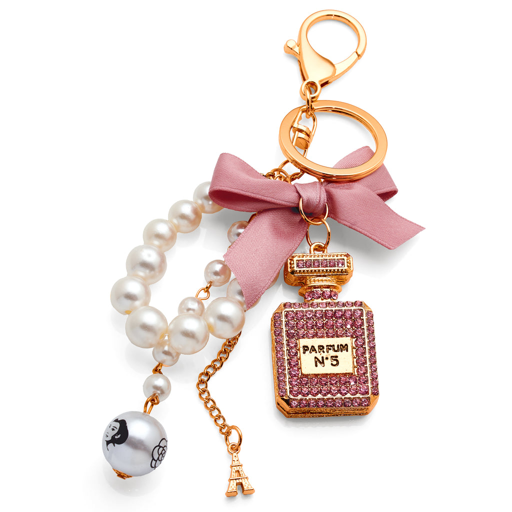 Gold Tone Pink Crystal Perfume Bottle, Pink Bow & Pearl Keyr