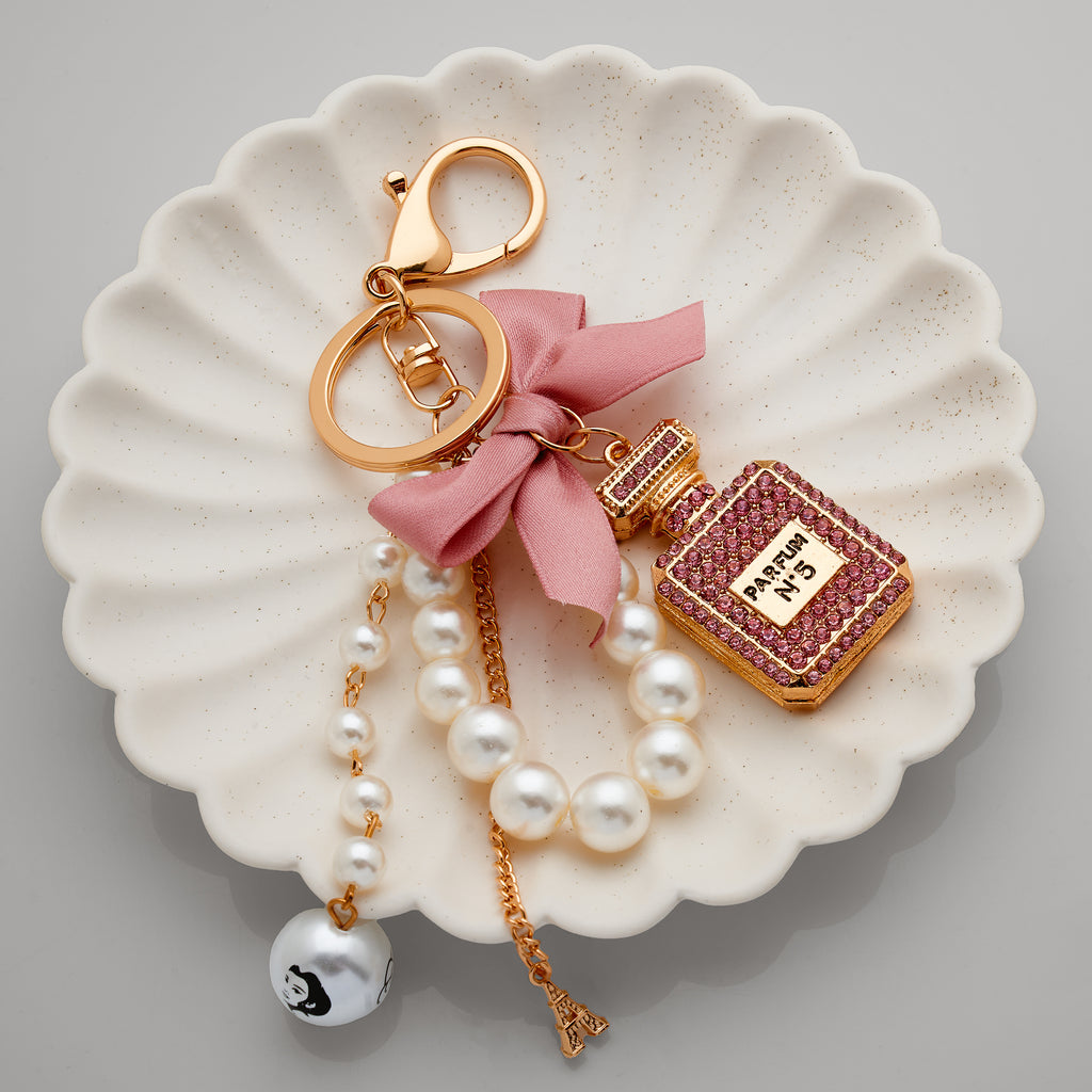 Gold Tone Pink Crystal Perfume Bottle, Pink Bow & Pearl Keyr