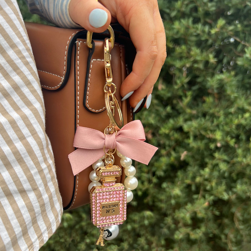 Gold Tone Pink Crystal Perfume Bottle, Pink Bow & Pearl Keyr