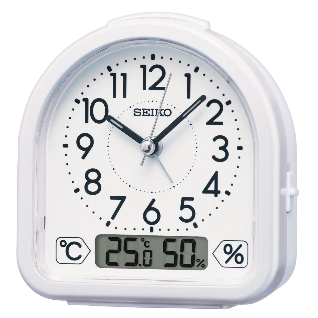 Seiko White Arch Alarm Clock With Thermometer QHE191-W