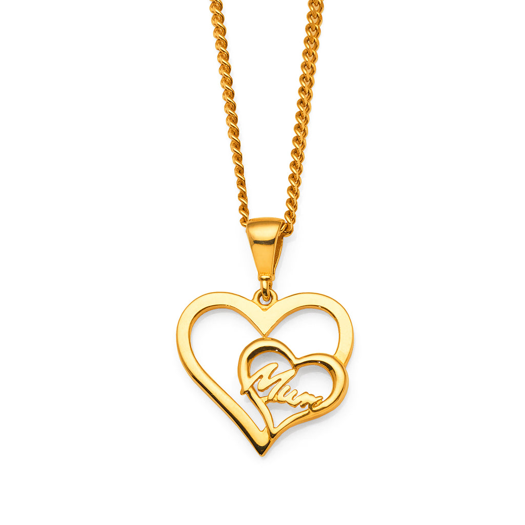 9ct Yellow Gold 15mm Double Heart Mum Pendant