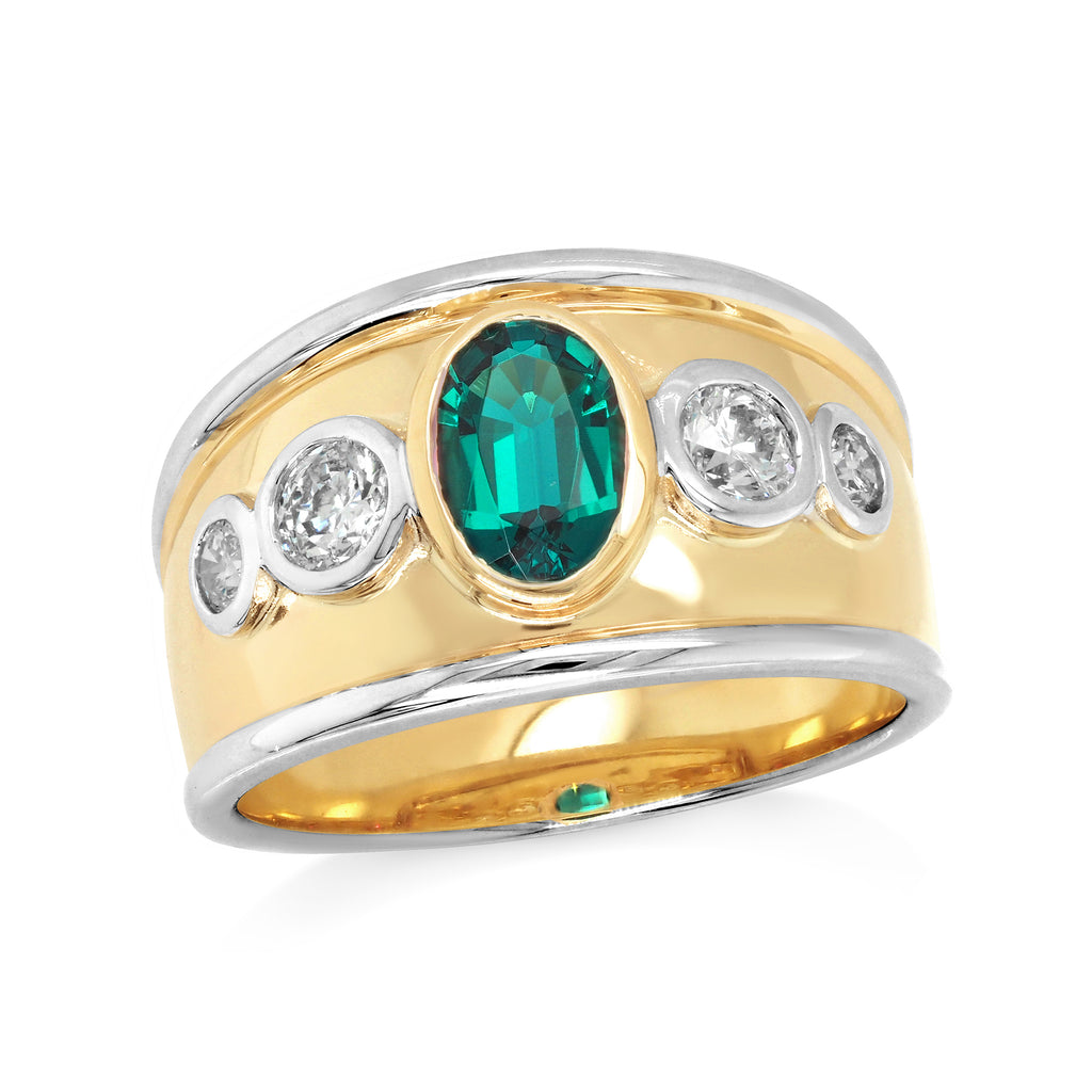 9ct Yellow Gold Oval Created Emerald & Diamond Ring TDW 0.50