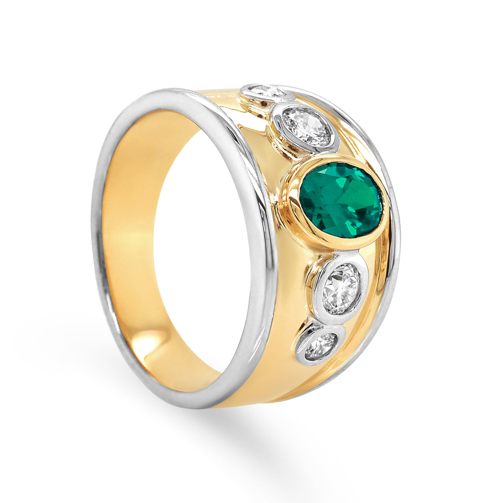 9ct Yellow Gold Oval Created Emerald & Diamond Ring TDW 0.50