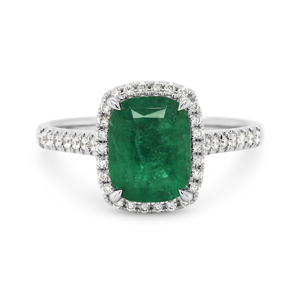 18ct White Gold Cushion Cut Natural Emerald & Diamond Halo R