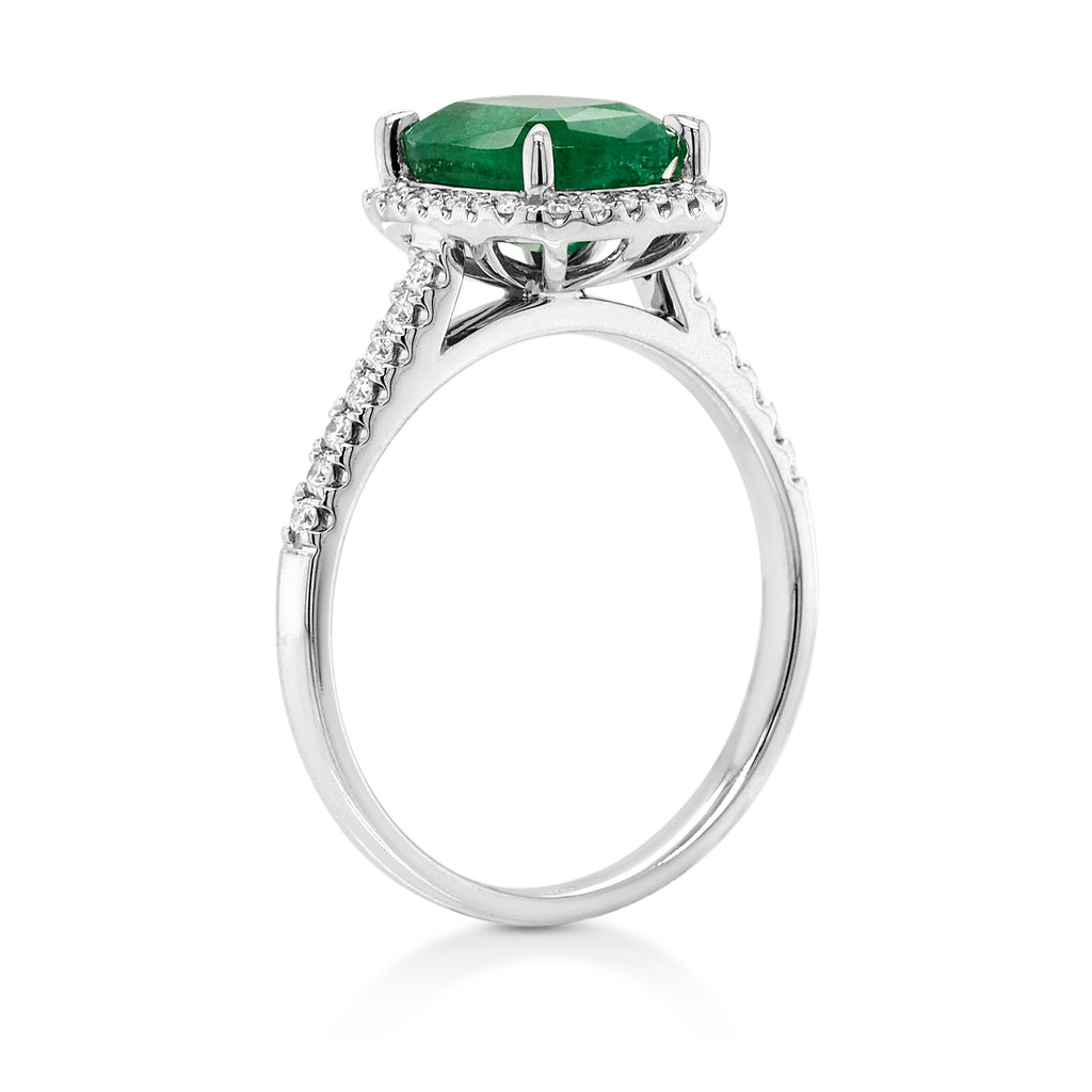 18ct White Gold Cushion Cut Natural Emerald & Diamond Halo R