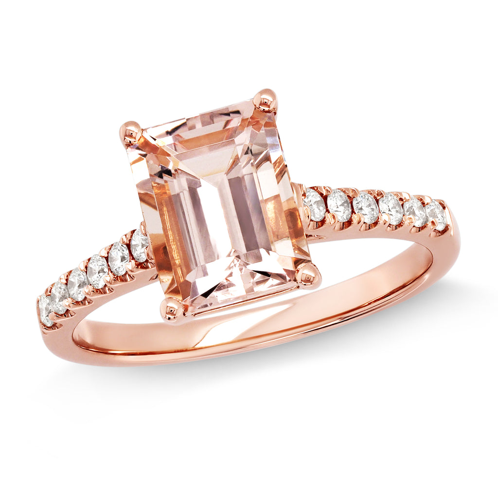 18ct Rose Gold Emerald Cut Morganite & Diamond Ring TDW 0.20