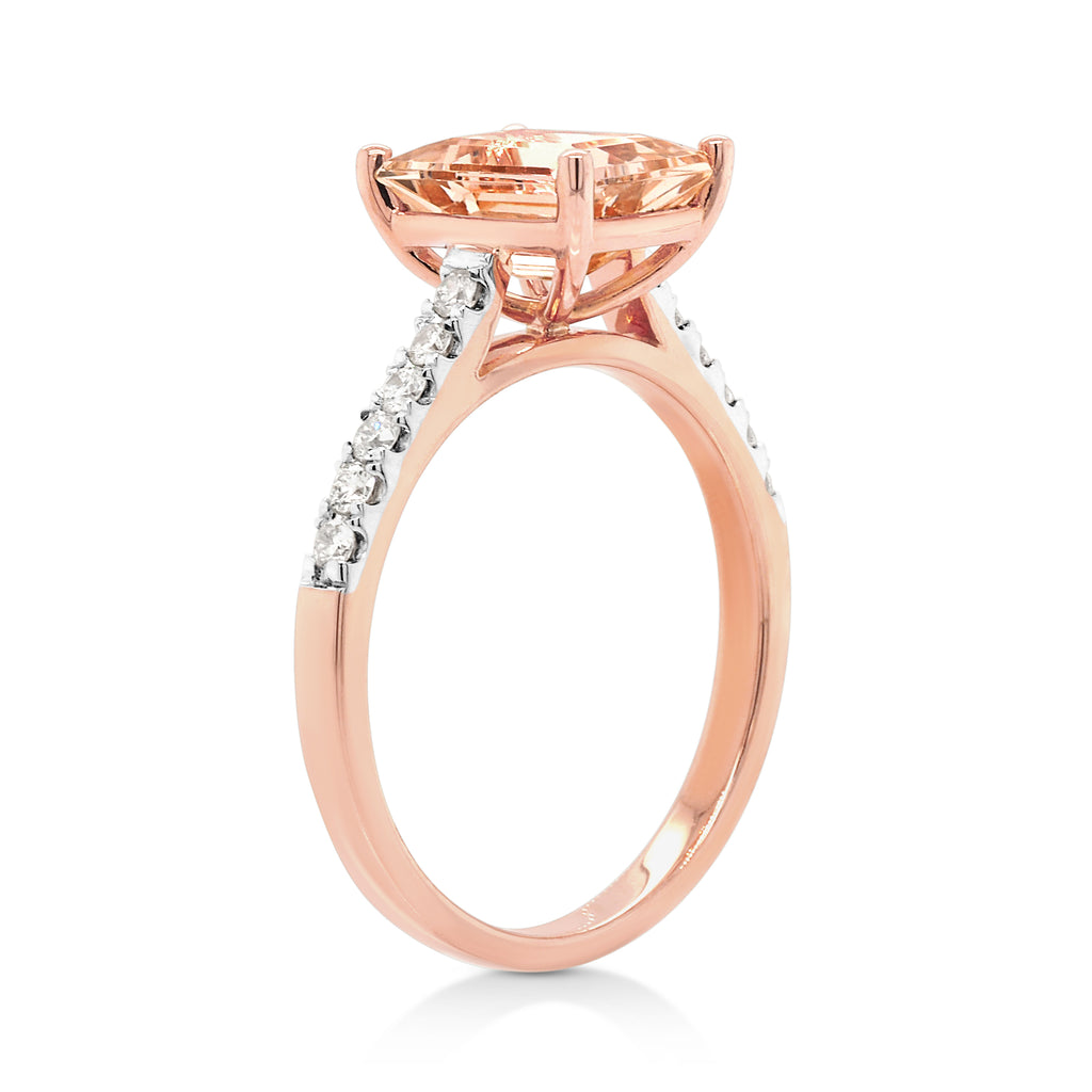 18ct Rose Gold Emerald Cut Morganite & Diamond Ring TDW 0.20