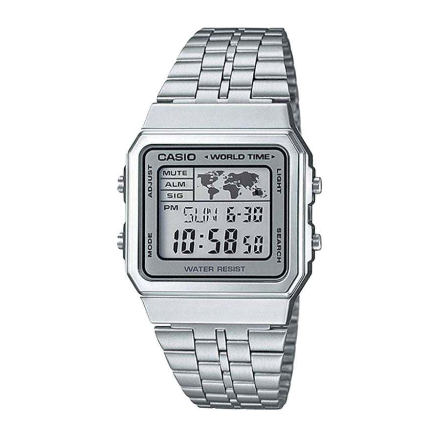 Casio Silver Retro World Time Digital Watch A500WA-7DF