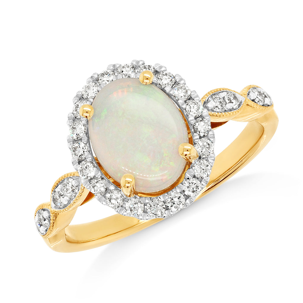 18ct Yellow Gold White Opal & Diamond Halo Ring TDW: 0.34CT