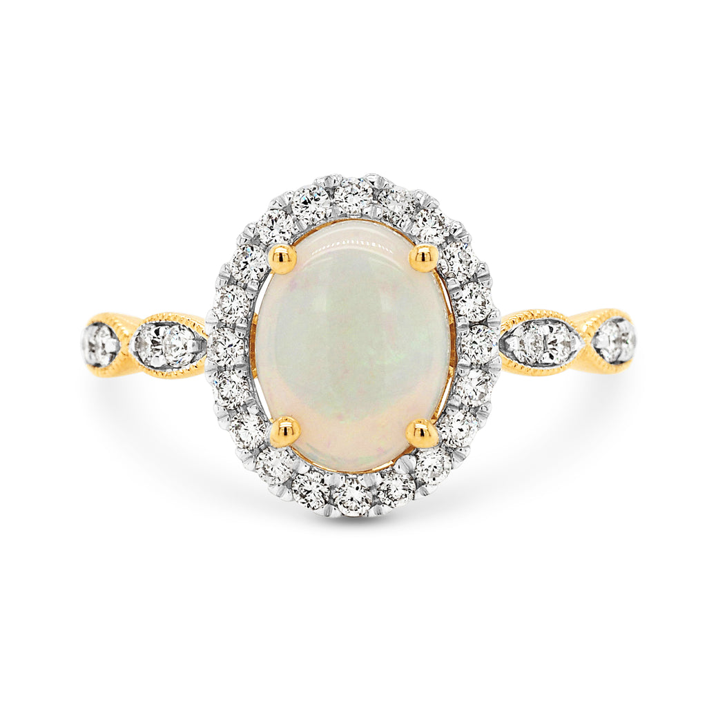 18ct Yellow Gold White Opal & Diamond Halo Ring TDW: 0.34CT