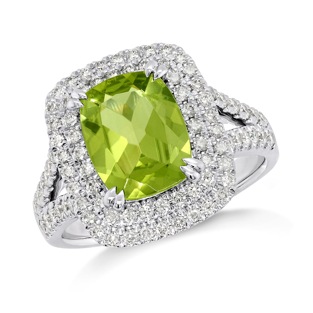 18ct White Gold Peridot & Diamond Double Halo Shoulder Ring