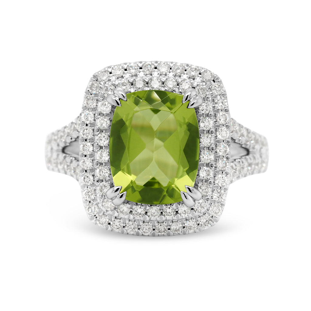 18ct White Gold Peridot & Diamond Double Halo Shoulder Ring