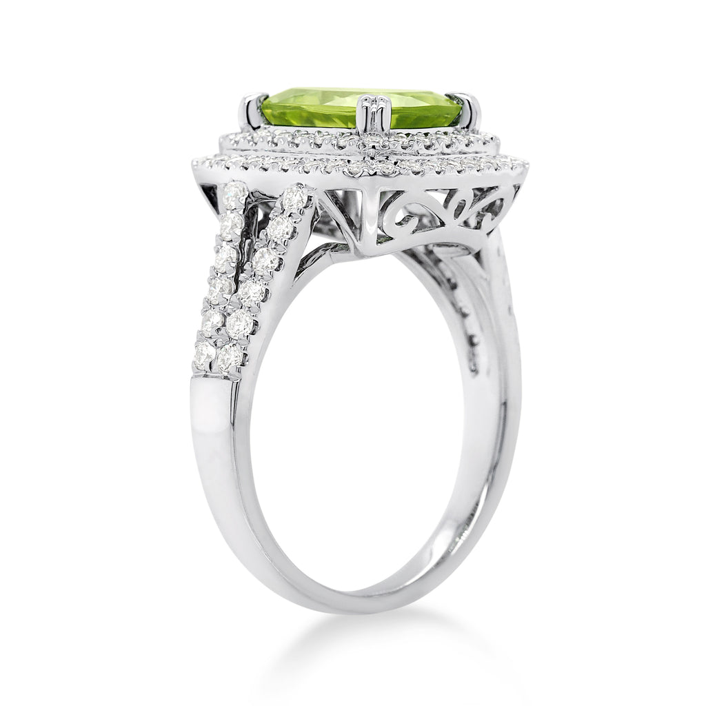 18ct White Gold Peridot & Diamond Double Halo Shoulder Ring