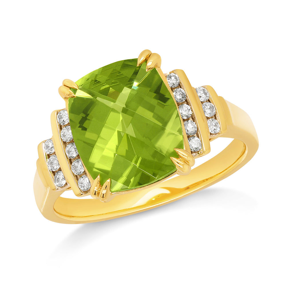 18ct Yellow Gold Criss Cut Peridot & Diamond Ring TDW: 0.16C