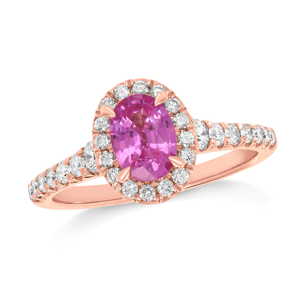 18ct Rose Gold Oval Pink Sapphire & Diamond Halo Ring TDW: 0