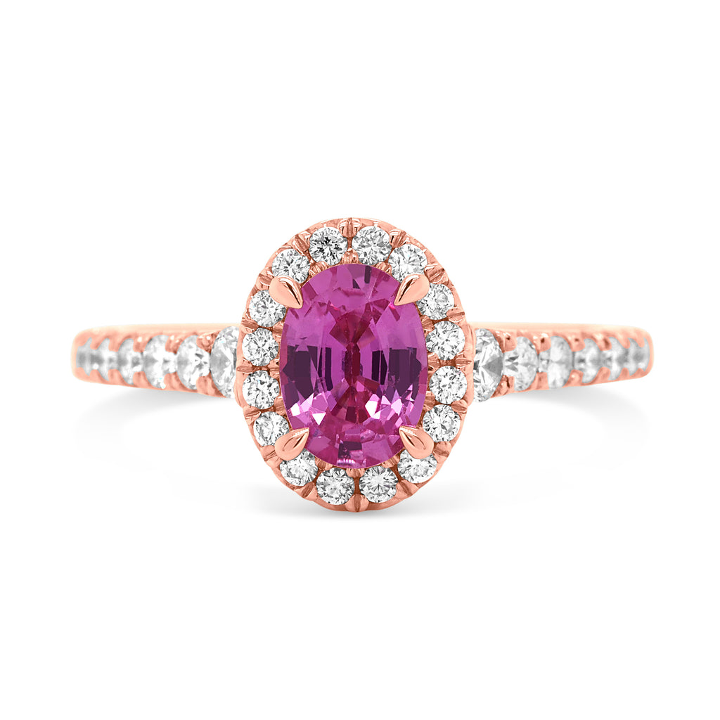 18ct Rose Gold Oval Pink Sapphire & Diamond Halo Ring TDW: 0