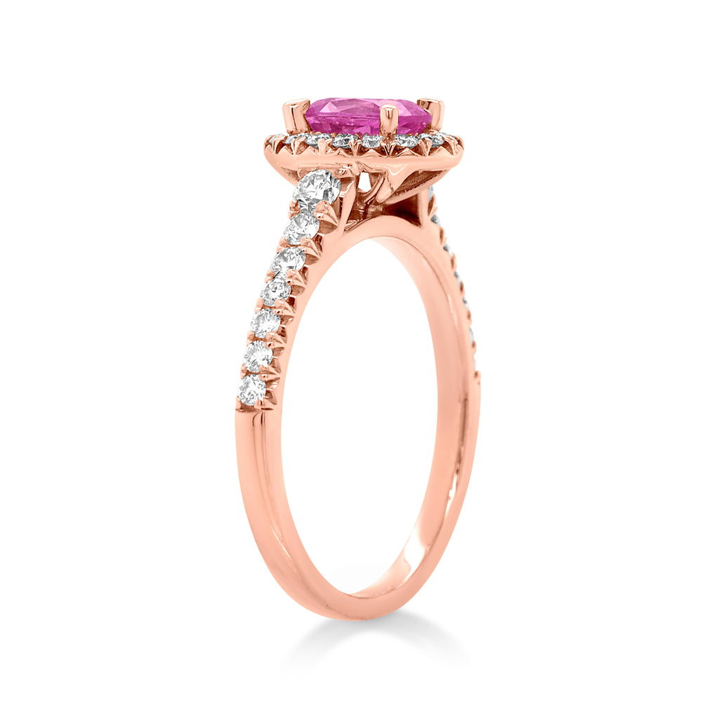 18ct Rose Gold Oval Pink Sapphire & Diamond Halo Ring TDW: 0